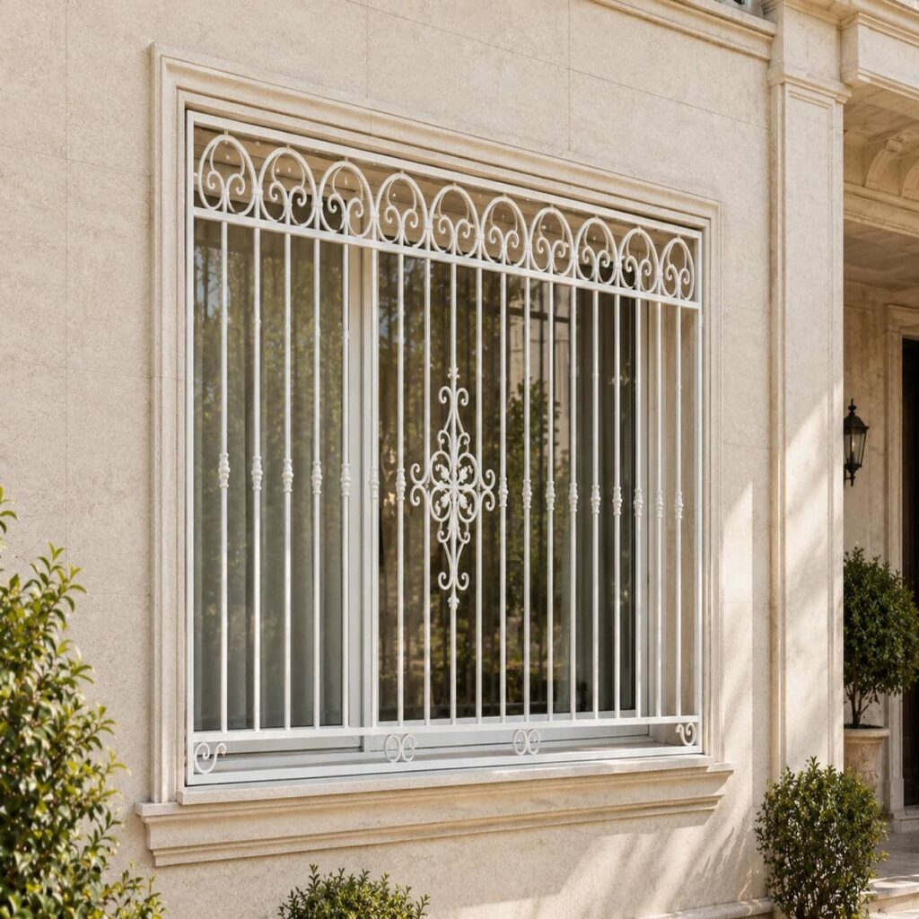 نرده پنجره فرفورژه گل دار با پیچک جانبی منظم در اصفهان