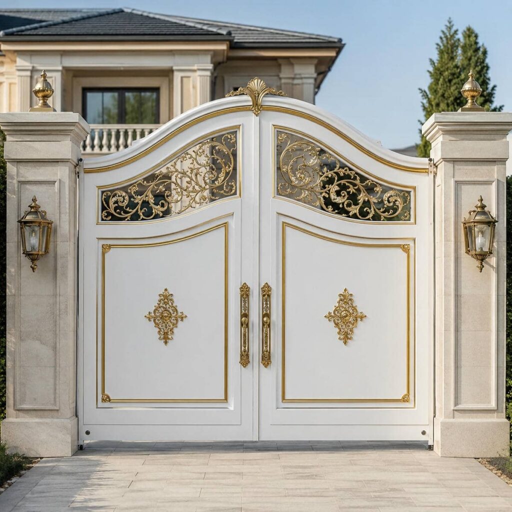 درب ویلایی سفید طلایی نمای کلاسیک با فریم مقاوم در اصفهان