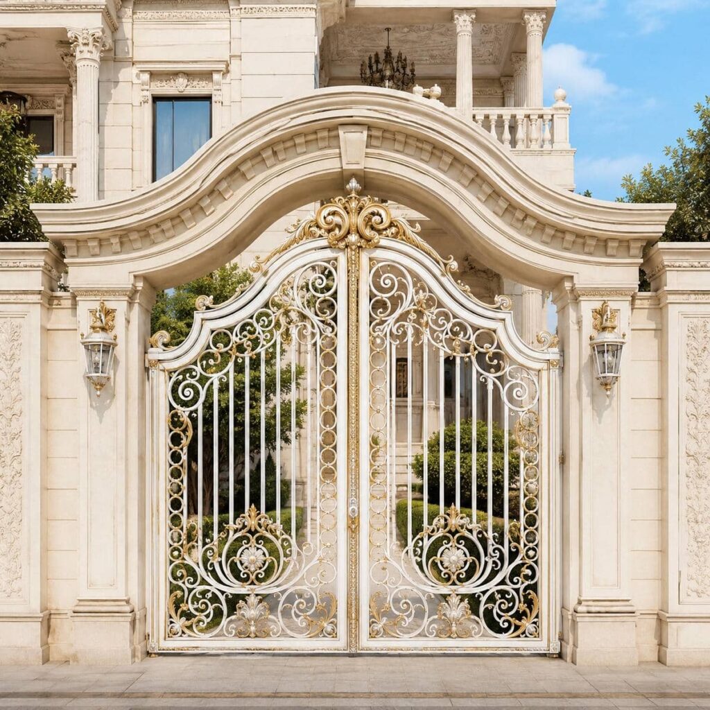 طراحی درب ویلایی سفید طلایی کلاسیک برای نمای رومی در اصفهان