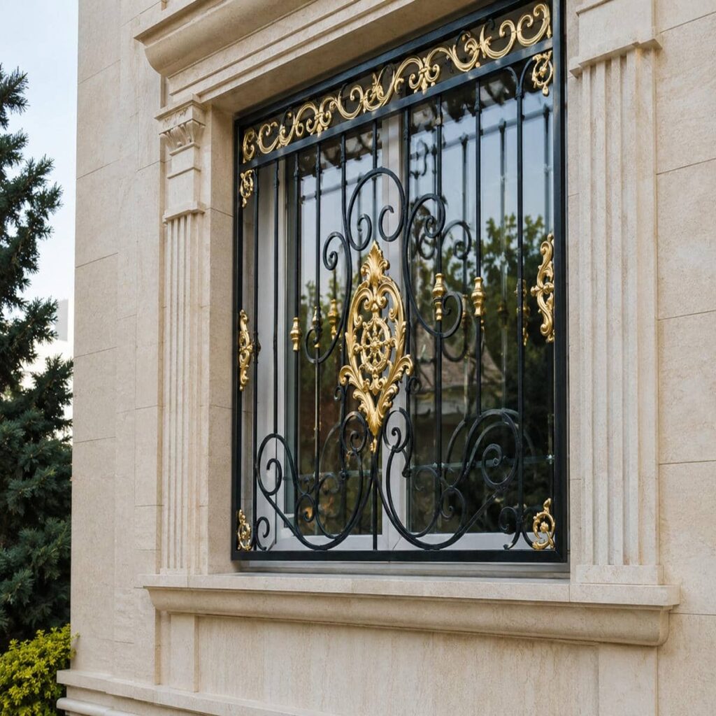 خرید حفاظ پنجره مشکی طلایی نما متناسب با معماری ساختمان در اصفهان