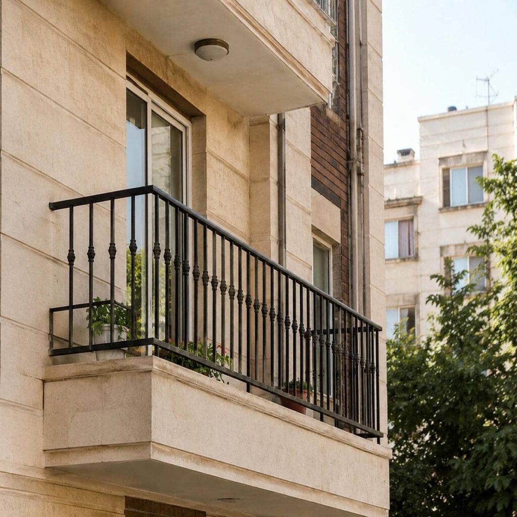 نرده آلومینیومی بالکن سفید با خطوط عمودی